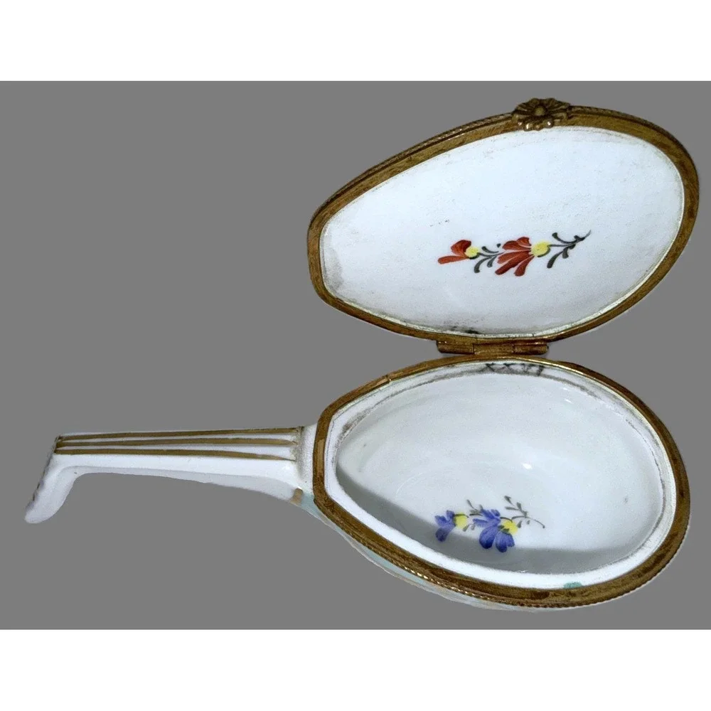 Antique Sevres Style Porcelain Mandolin Trinket Box Hand Paint Hinged Snuff Pill